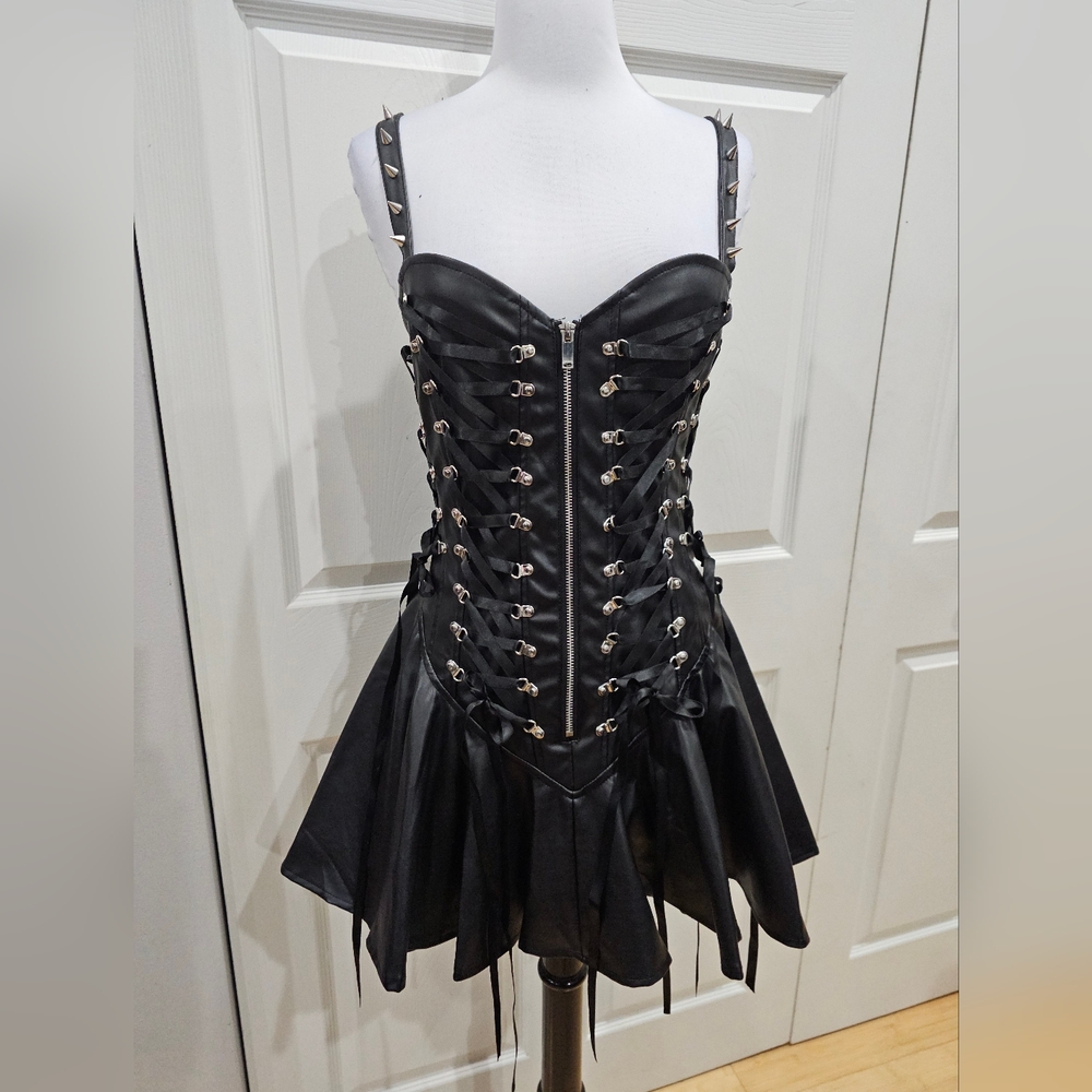 Dolls Kill Current Mood Goth Corset lace up Black Spiked Smoke Siren Mini Dress